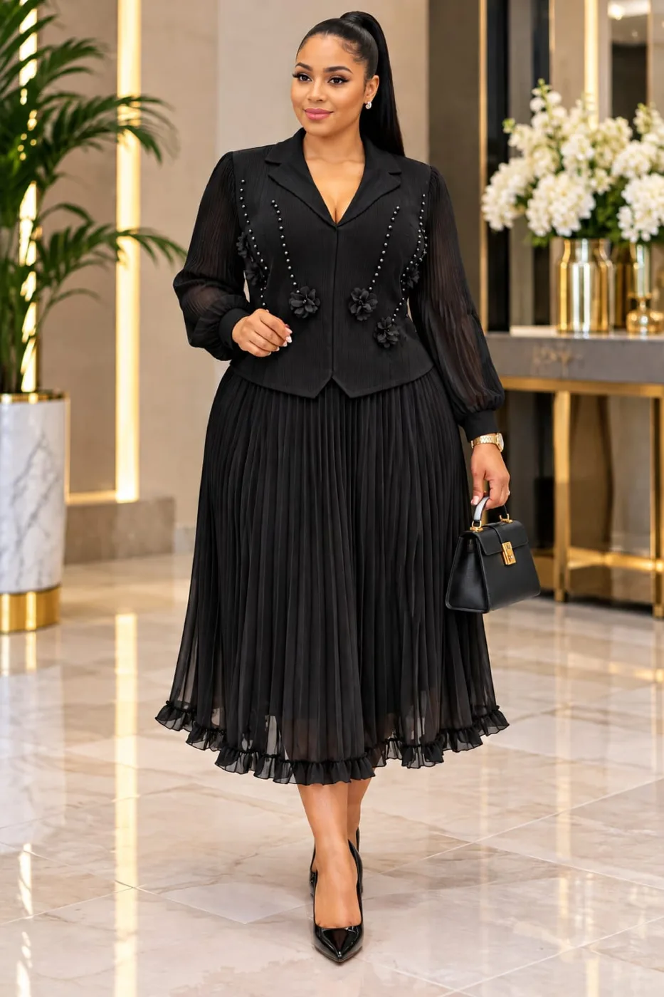 Belted Jacket and Pleated Midi Skirt Set