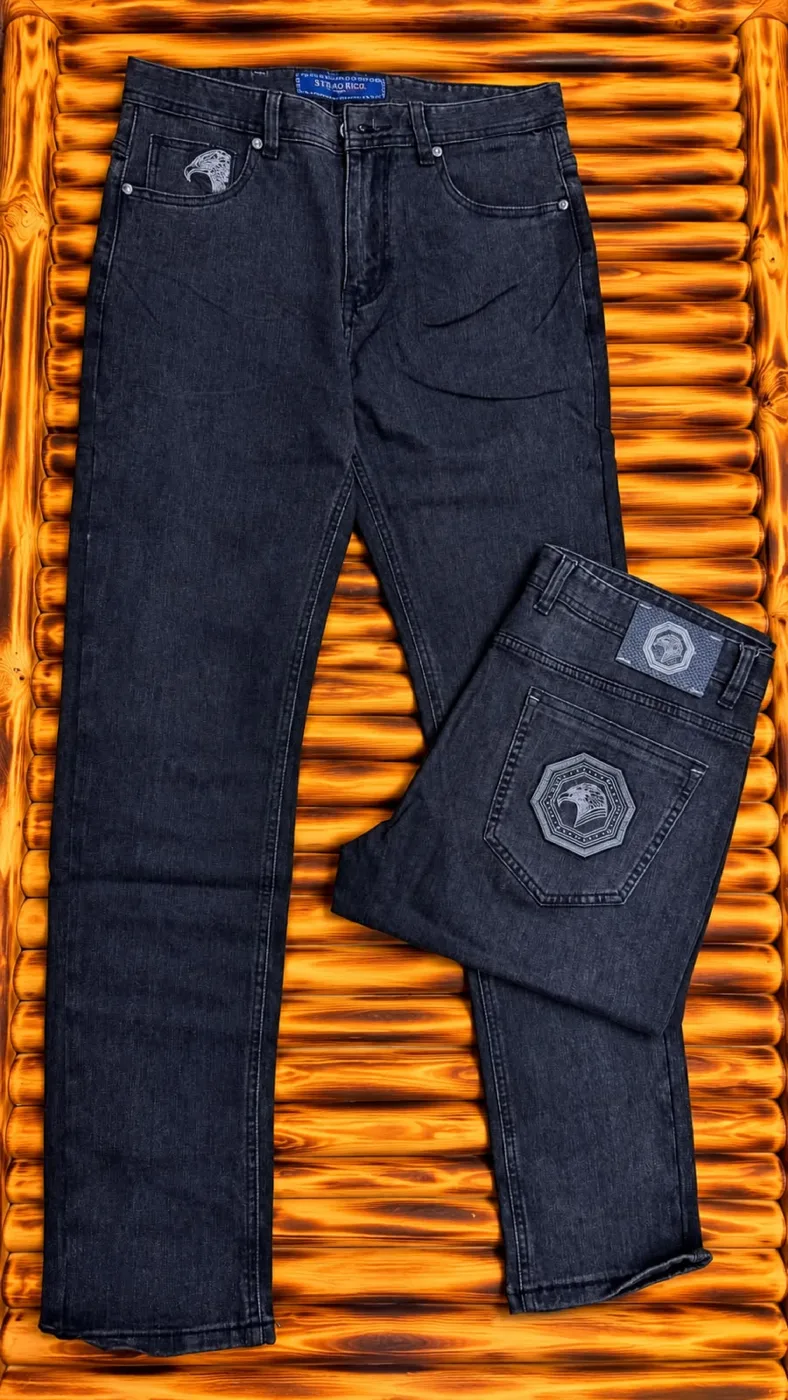 Stefano Ricci embroidered eagle men's black stretch jeans