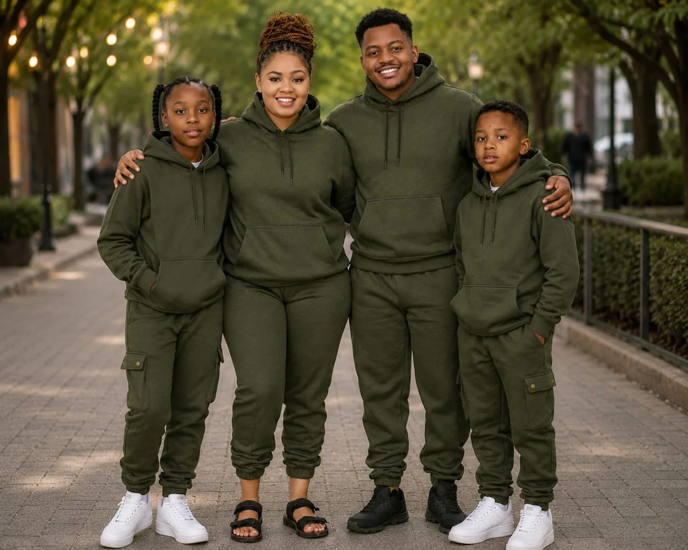 Family in matching olive fleece tracksuits