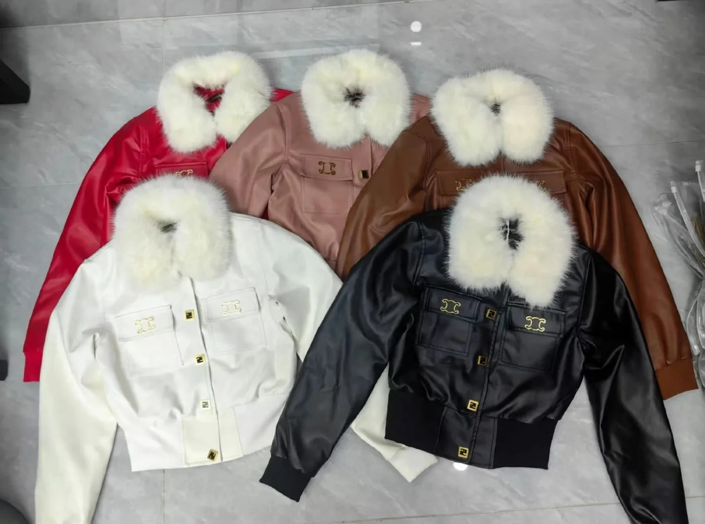 Fur-collar cropped jackets in red, pink, brown, white and black