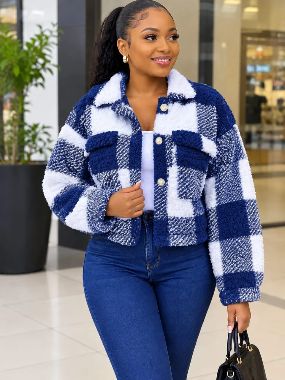 Navy plaid teddy shacket