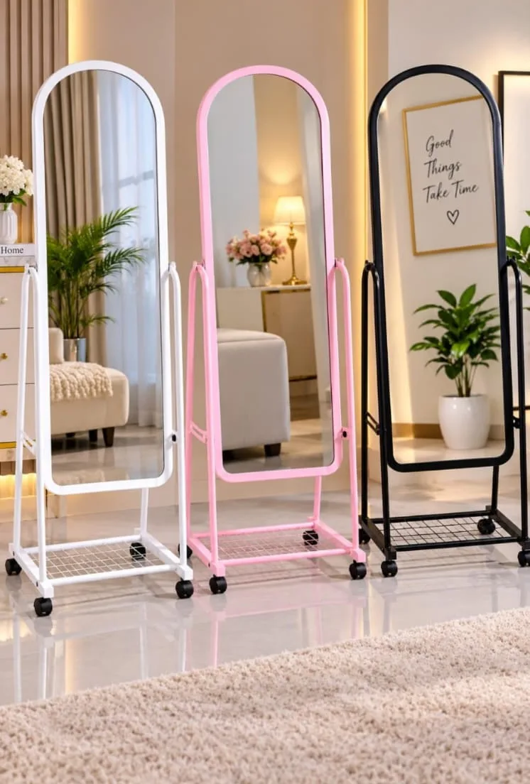 Frameless full-length dressing mirrors on wheeled stands