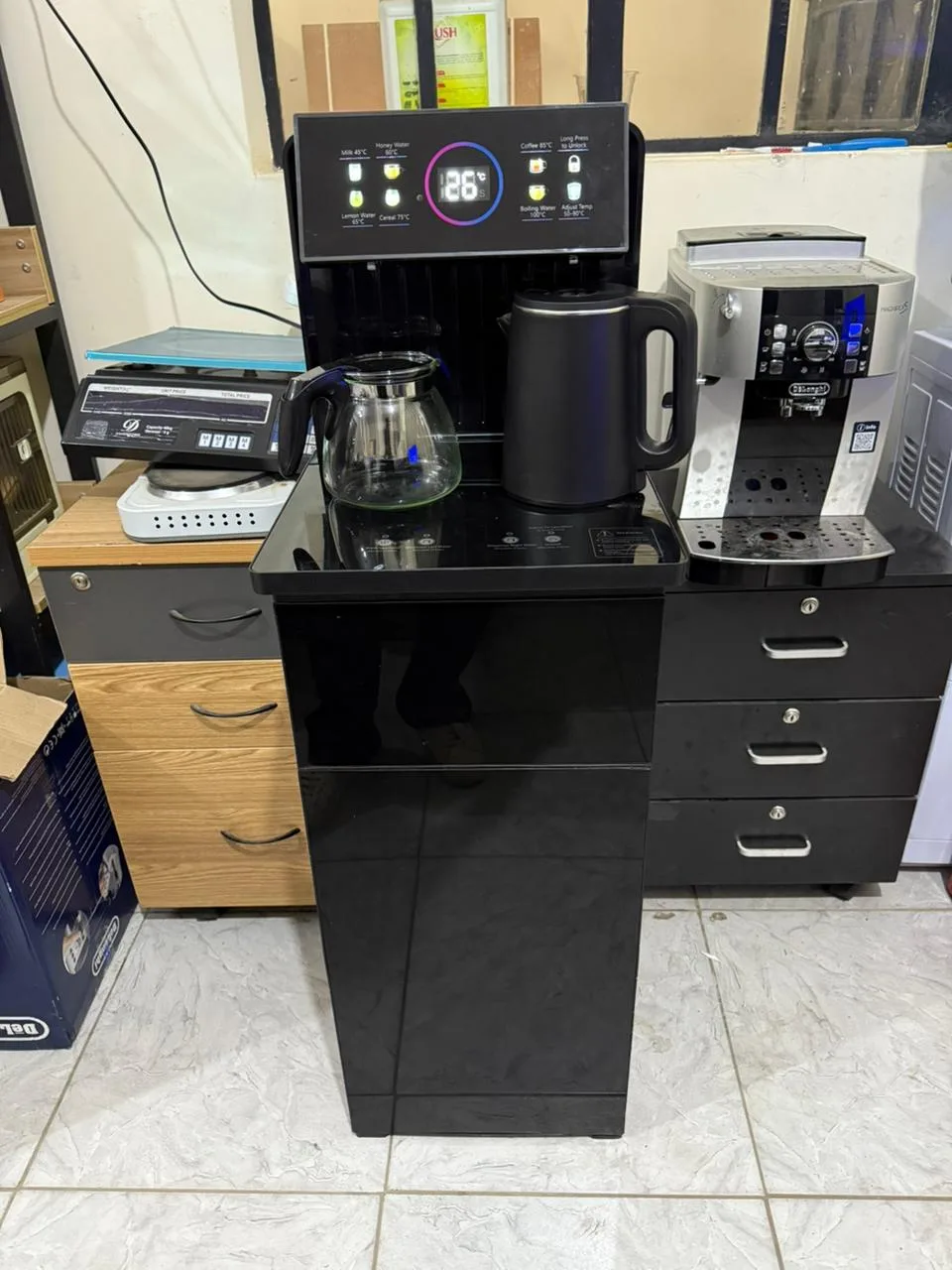 Electromate bottom-load water dispenser with coffee maker and cabinet
