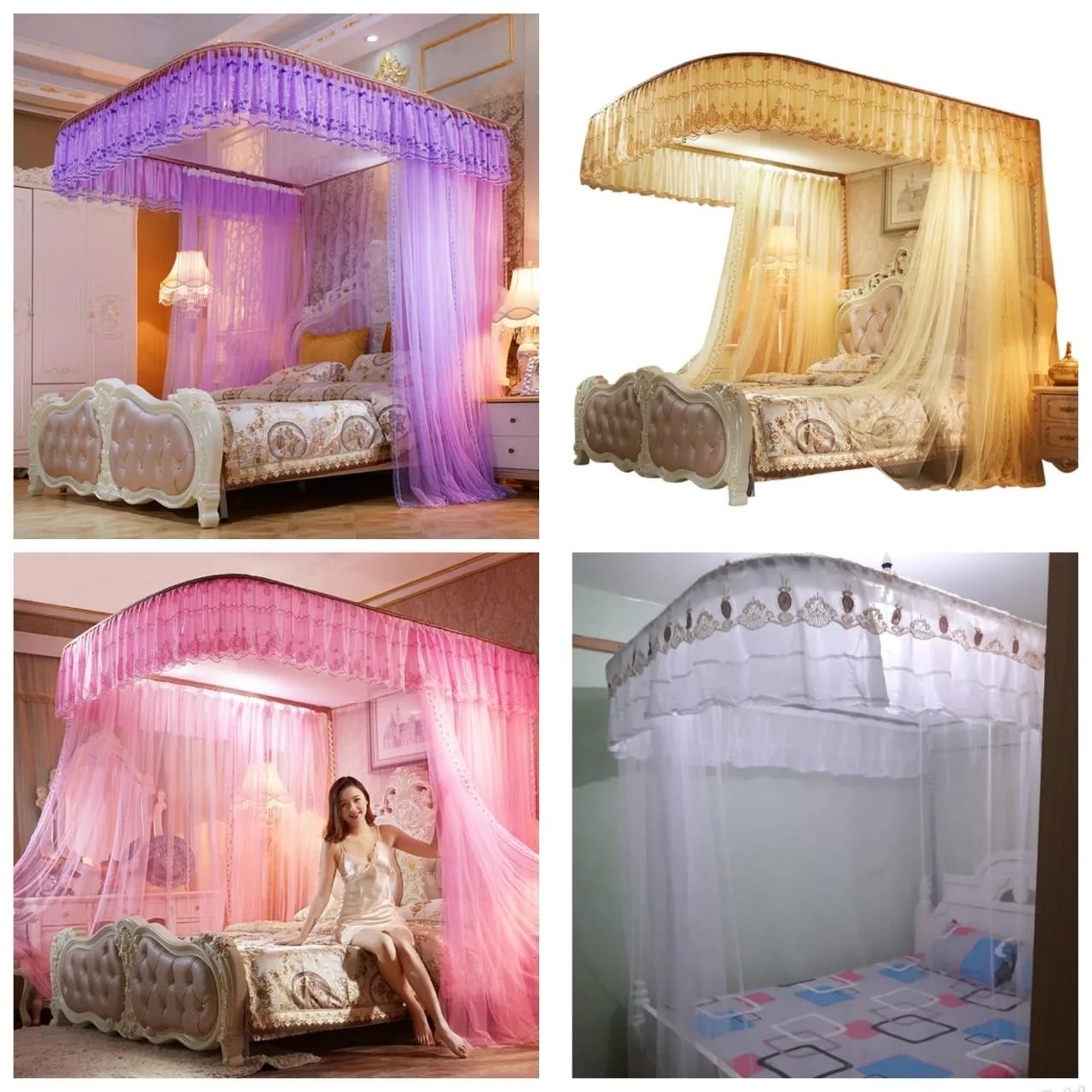 Two-stand rail mosquito nets with sliding curtains in purple, gold, pink and white