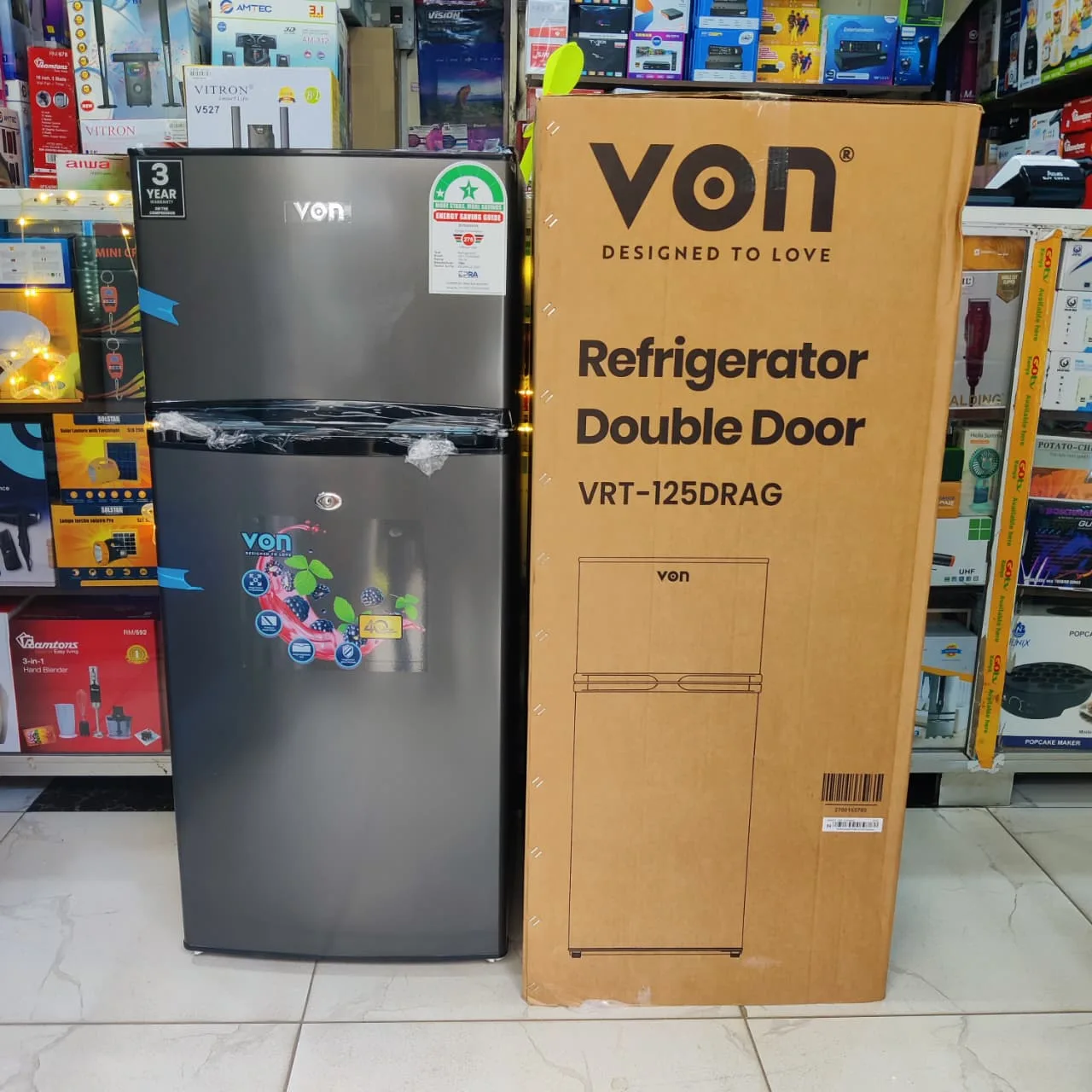 Von 125 litre double door refrigerator with box